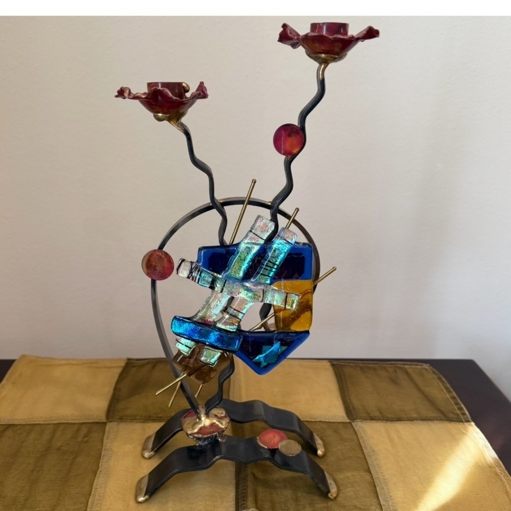 Gary Rosenthal Abstract Metal‎ Art Candle Holder dreidel design Hannukah Judaica